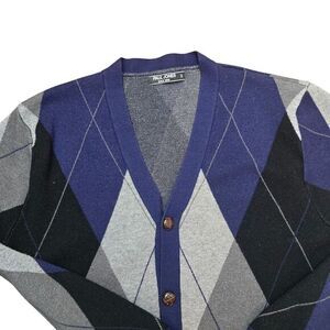 Paul Jones Argyle Button-Up Cardigan Classic Preppy Navy Gray Blk Sweater Size M